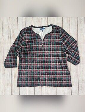 Karen Scott Black Plaid Henley with Red & Green Accents